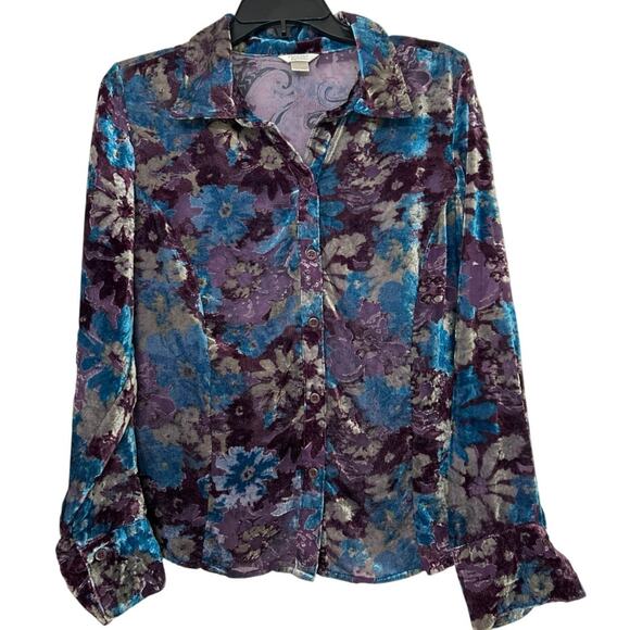 Velvet Floral Burnout Blouse Whimsigoth Boho Romantic Button Down Top Large - Picture 1 of 10